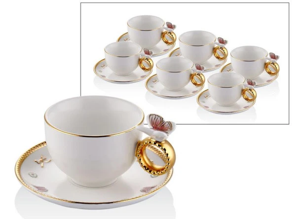 LAMEDORE BUTTERFLY DECAL WHITE GOLD 6PCS COFFEE CUPS SET ürün görseli 1