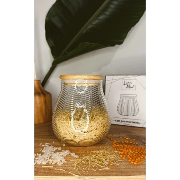 Luca Mia Bambu Kapaklı Çizgili Cam Kavanoz 800 Ml 4 Adet 20.0044 ürün görseli 1