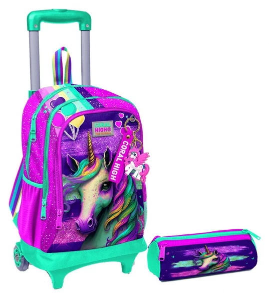 Coral High Pembe Su Yeşili Unicorn Işıklı Tekerlekli Çekçek Çanta ve Kalemlik Seti - Kız Çocuk ürün görseli 1