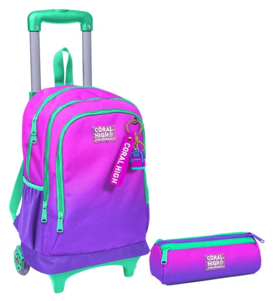 Coral High Pembe Mor Renk Geçişli Işıklı Tekerlekli Çekçek Çanta ve Kalemlik Seti - Kız Çocuk ürün görseli 1