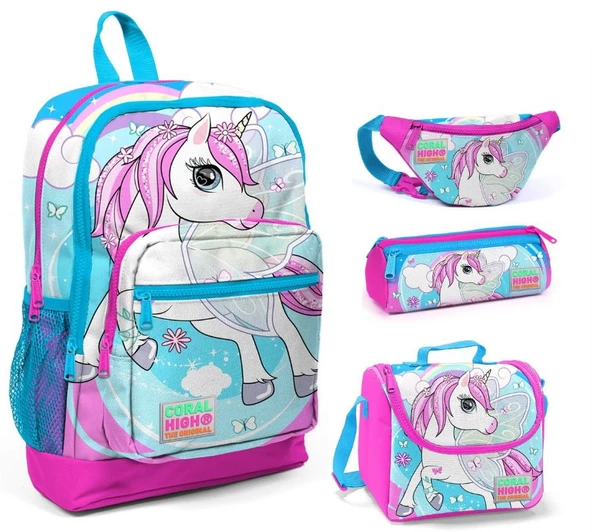 Coral High Pembe-Mavi Unicorn Baskılı Kız Çocuk 4'lü İlkokul Çanta Seti ürün görseli 1
