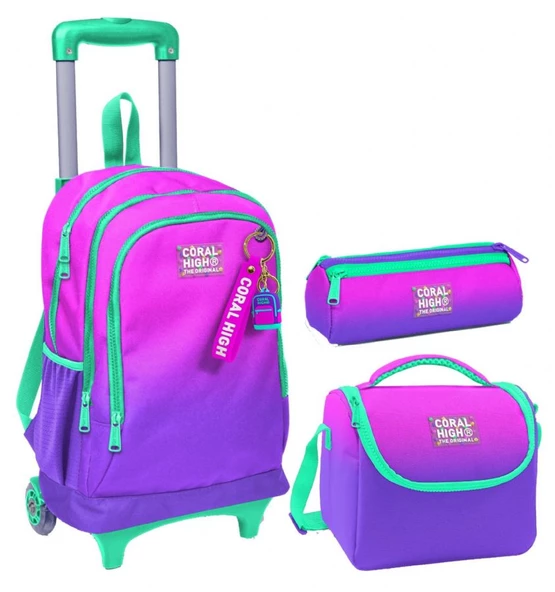 Coral High Pembe Mor Renk Geçişli Üçlü Çekçek Işıklı Tekerlekli Çanta Seti - Kız Çocuk ürün görseli 1