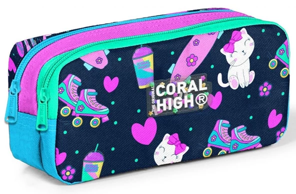 Coral High Lacivert Pembe Kedili İki Bölmeli Kalem Çantası - Kız Çocuk ürün görseli 1
