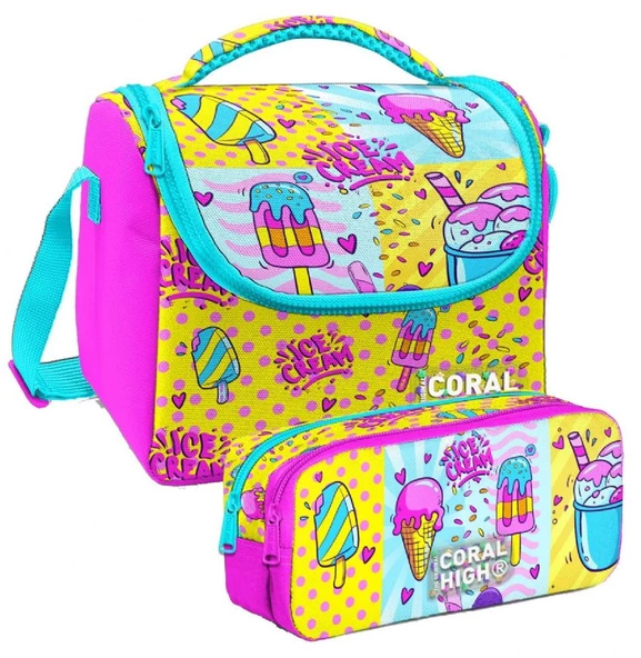 Coral High Mixed Dondurma Desenli Kız Çocuk Isı Yalıtımlı Beslenme Çantası ve Kalemlik Seti ürün görseli 1