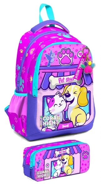 Coral High İlkokul Sırt Çantası ve Kalemlik Seti - Kız Çocuk - Kedi Köpek ürün görseli 1