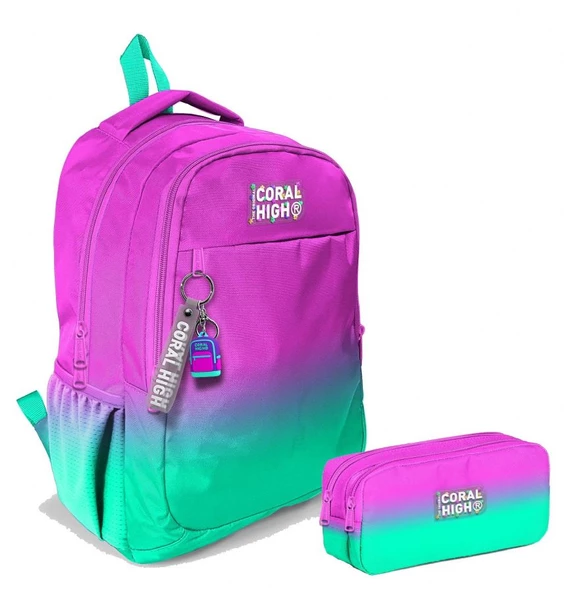 Coral High Kız Çocuk Pembe Su Yeşili Renk Geçişli İlkokul ve Ortaokul Sırt Çantası ve Kalemlik Seti ürün görseli 1