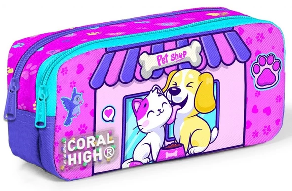 Coral High Kedi Köpek İki Bölmeli Kalem Çantası - Kız Çocuk ürün görseli 1