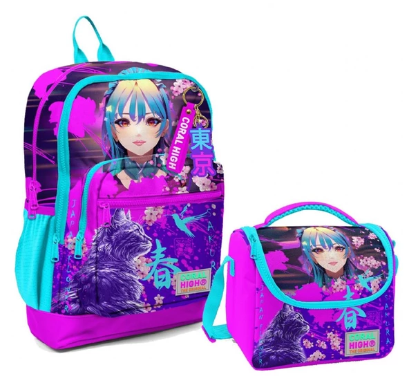 Coral High Dört Bölmeli Kız Çocuk Okul Sırt Çantası ve Beslenme Seti - Mor Pembe Anime Kedi ürün görseli 1