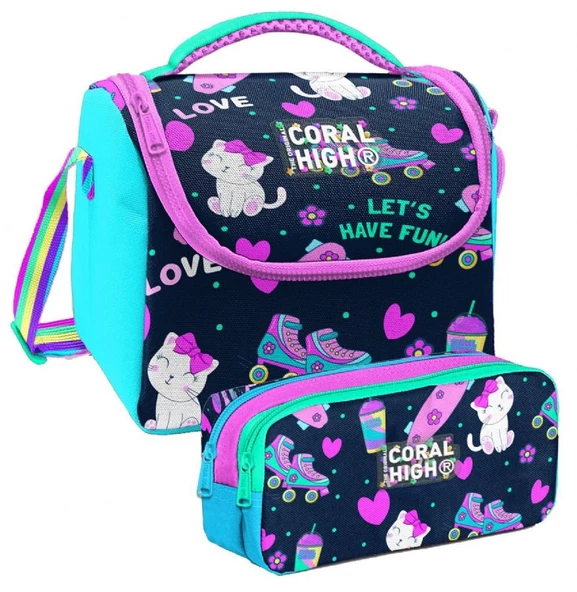 Coral High Lacivert Pembe Kedili Desenli Kız Çocuk Isı Yalıtımlı Beslenme Çantası ve Kalemlik Seti ürün görseli 1