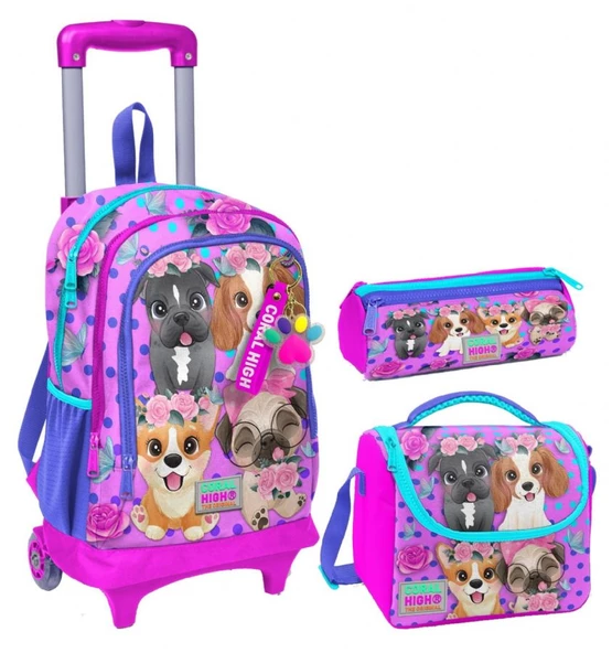 Coral High Pembe Köpek Üçlü Çekçek Işıklı Tekerlekli Çanta Seti - Kız Çocuk ürün görseli 1