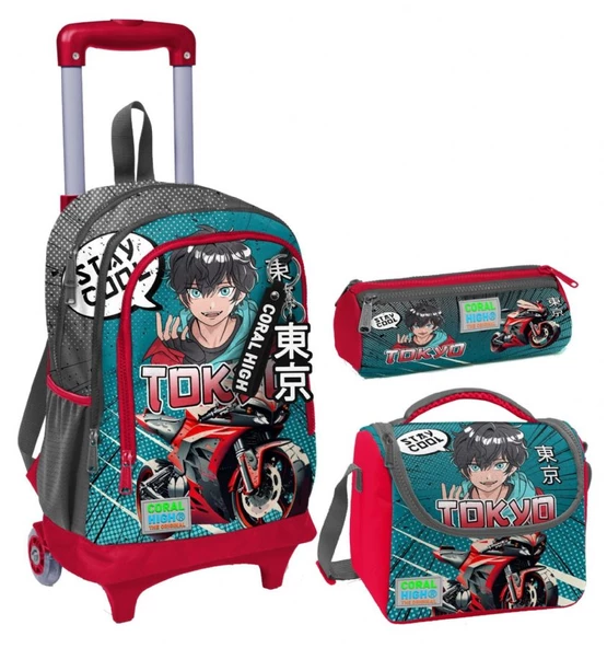 Coral High Gri Nefti Anime Motorsiklet Üçlü Çekçek Işıklı Tekerlekli Çanta Seti - Erkek Çocuk ürün görseli 1