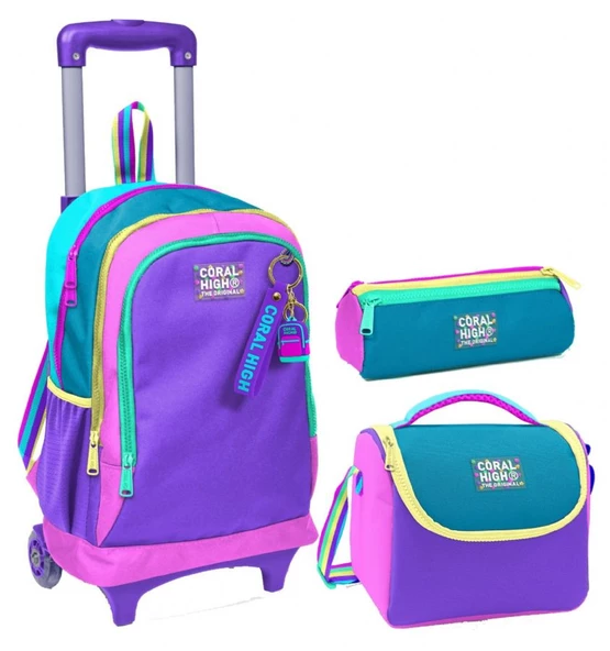 Coral High Pembe Pastel Renkli Üçlü Çekçek Işıklı Tekerlekli Çanta Seti - Kız Çocuk ürün görseli 1