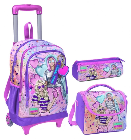 Coral High Pembe Mor Fashion Girl Üçlü Çekçek Işıklı Tekerlekli Çanta Seti - Kız Çocuk ürün görseli 1