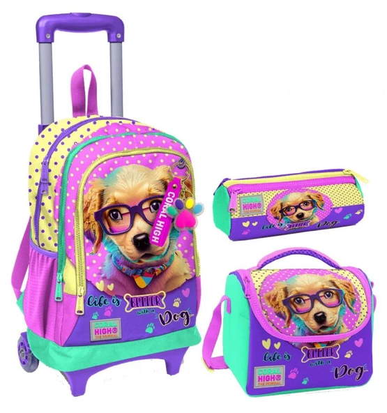 Coral High Sarı Pembe Sevimli Köpek Üçlü Çekçek Işıklı Tekerlekli Çanta Seti - Kız Çocuk ürün görseli 1