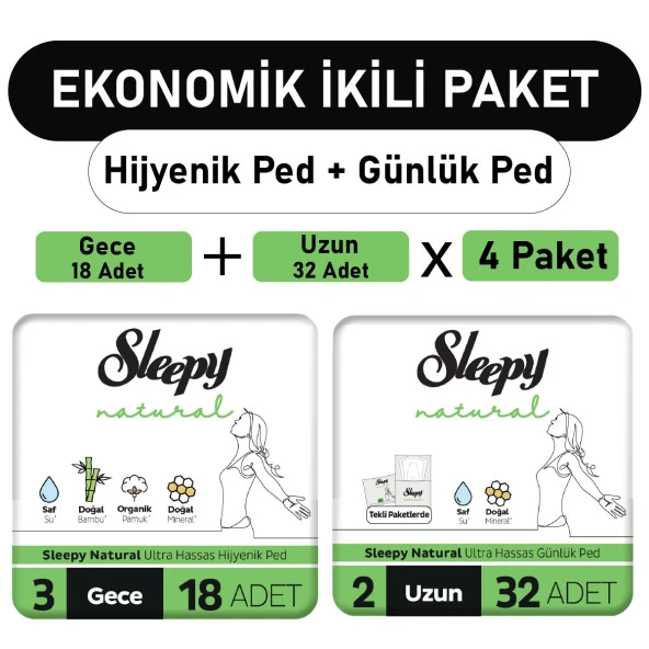 Sleepy Natural Ultra Ped Gece 18 Adet + Uzun Günlük Ped 32 Adet x4 Paket ürün görseli 1