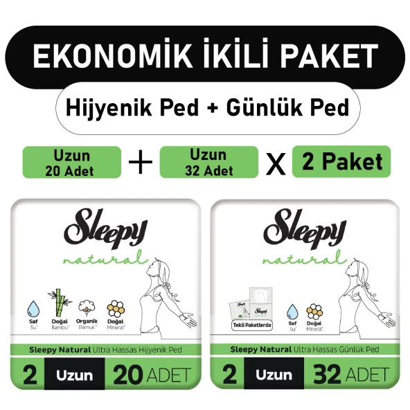 Sleepy Natural Ultra Ped Uzun 20 Adet + Uzun Günlük Ped 32 Adet x2 Paket ürün görseli 1