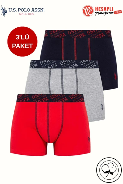 U.S. Polo Assn. Premium Erkek Pamuklu Rahat Terletmeyen Yazılı Logolu 3'Lü Renkli Kutulu Boxer ürün görseli 1