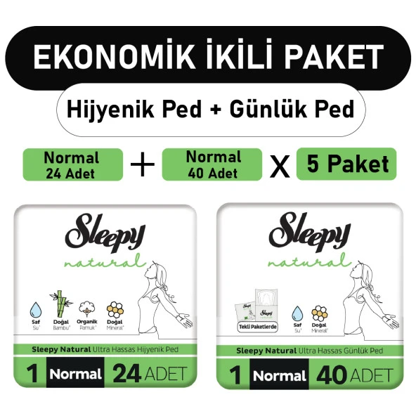 Sleepy Natural Ultra Ped Normal 24 Adet + Uzun Günlük Ped 40 Adet x5 Paket ürün görseli 1