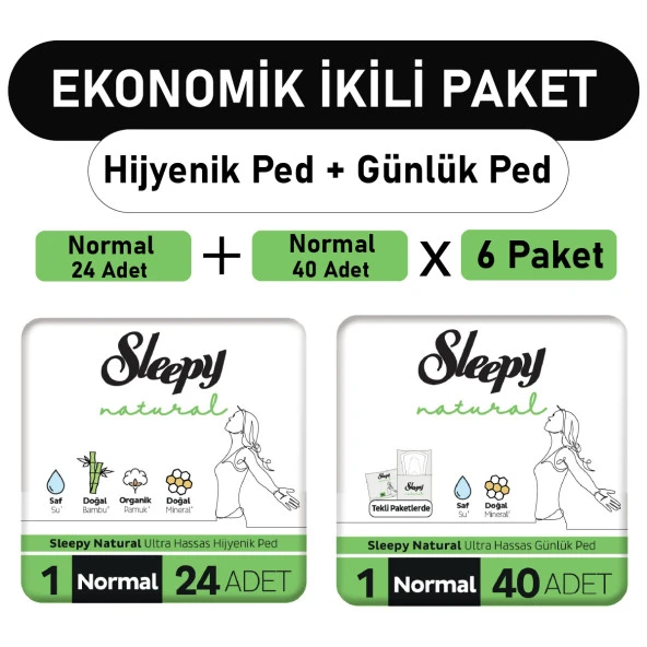 Sleepy Natural Ultra Ped Normal 24 Adet + Uzun Günlük Ped 40 Adet x6 Paket ürün görseli 1