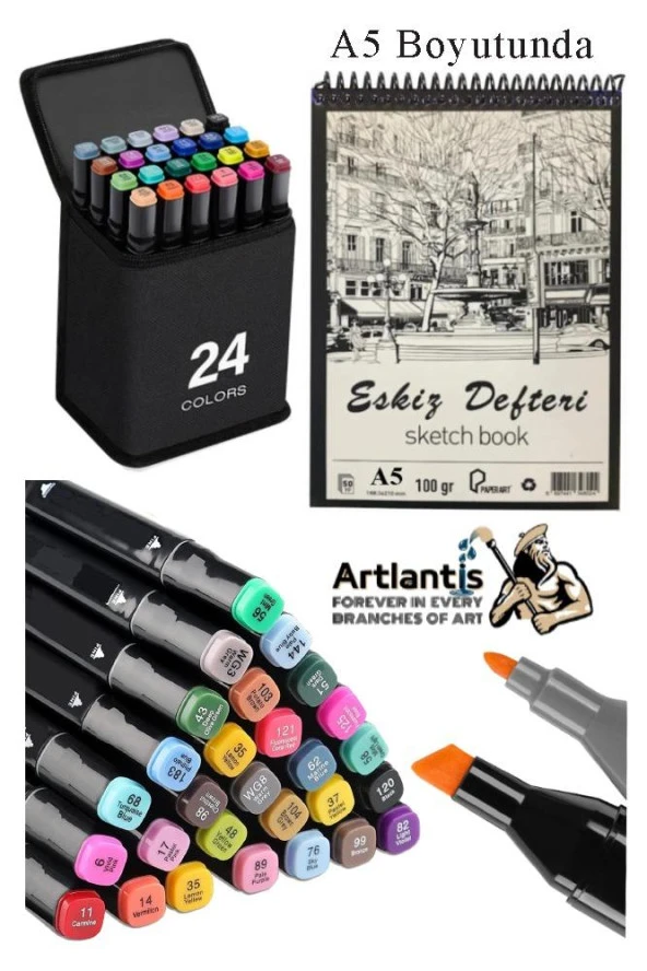 Eskiz Defteri A5 50 Yaprak 100 gr 1 Adet 24 Renk Çift Taraflı Marker Kalem 24 Adet Touch Çift Uçlu ürün görseli 1