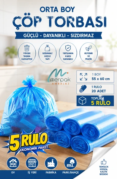 Çöp Torbası Orta Boy 20'li X 5 Rulo Mavi Çöp Poşeti ürün görseli 1