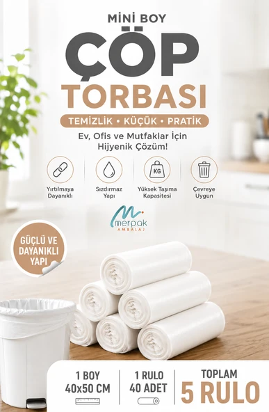 Çöp Torbası Mini Boy 40'lı X 5 Rulo Beyaz Çöp Poşeti ürün görseli 1