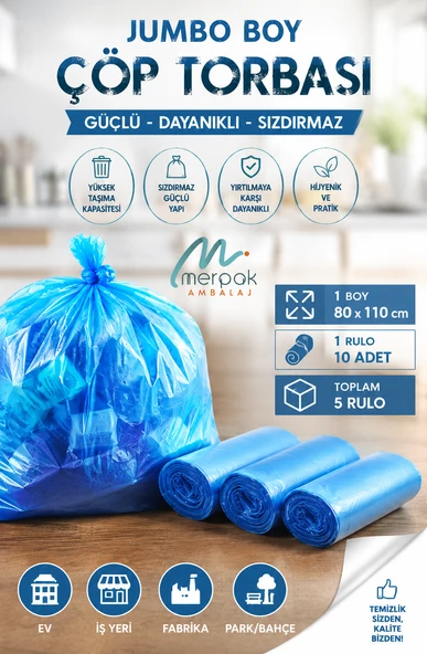 Çöp Torbası Jumbo Boy 10'lu X 5 Rulo Mavi Çöp Poşeti ürün görseli 1