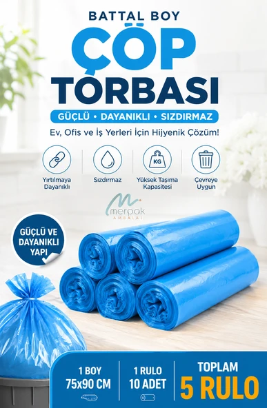 Çöp Torbası Battal Boy 10'lu X 5 Rulo Mavi Çöp Poşeti ürün görseli 1