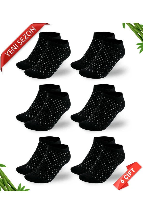 Simli Nokta Desenli Siyah Renk Kadın Bambu Patik Çorap 6lı Set ürün görseli 1