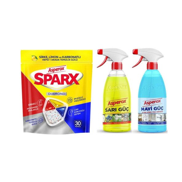 Asperox 3'lü Set-(Bulaşık Makinesi Tableti 30 Kapsül +Mavi Güç 1000 ml + Sarı Güç 1000 Ml) ürün görseli 1