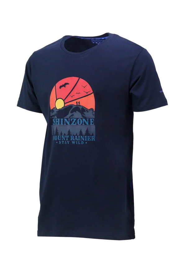 Erkek Bisiklet Yaka Standart Fit Göğüs Baskılı Lacivert T-Shirt ürün görseli 1