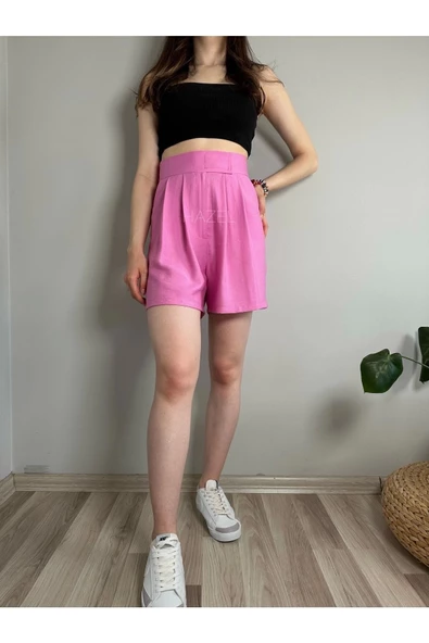 Kadın Pembe Yüksek Bel Cırtlı Keten Şort ürün görseli 1