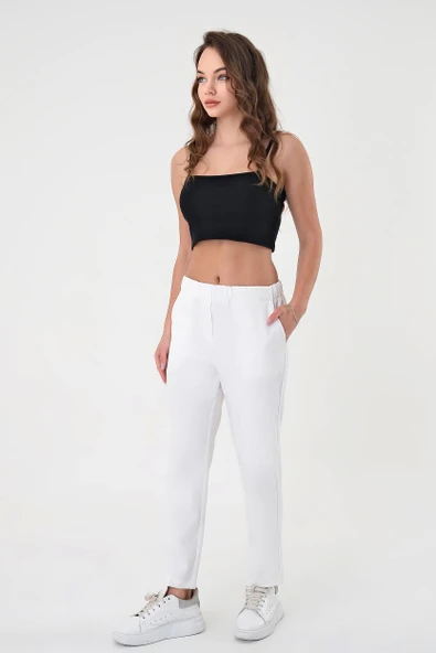 Kadın Beyaz Beli Lastikli Dar Kesim Pantolon ürün görseli 1