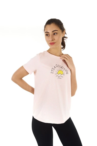 Kadın Baskılı Kısa Kollu Bisiklet Yaka Tişört Pembe Mel  PEMBE MELANJ S ürün görseli 1