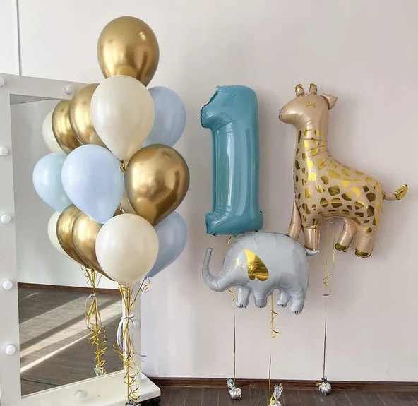 Mavi Yaş Benekli Zürafa Mavi Fil Temalı Balon Seti ürün görseli 1