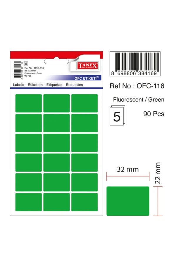 Tanex OFC-116 Etiket 22x32 mm - Neon Yeşil (90 Adet) ürün görseli 1