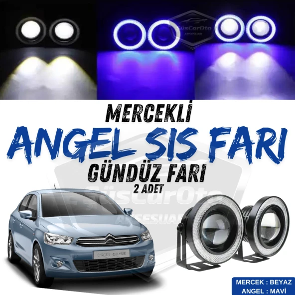 Citroen C Elysee 2012-2023 Uyumlu Üniversal Mercekli Angel Sis Farı Metal Su Geçirmez 76 mm Mavi Halkalı Gündüz Farı Angel Eyes 2 Adet ürün görseli 1