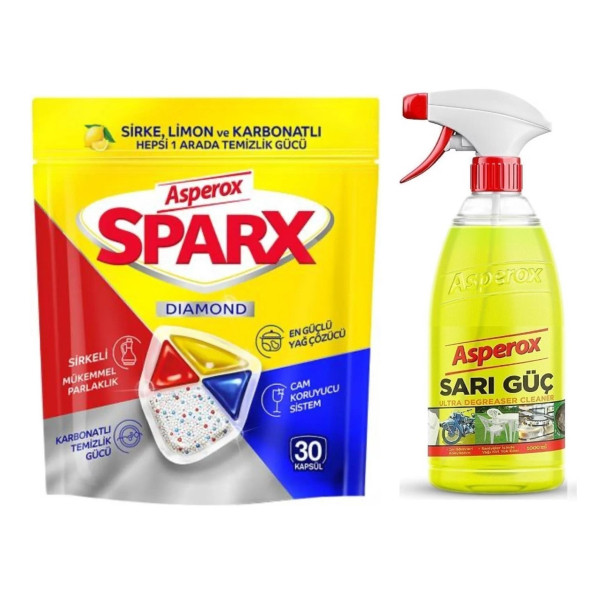 Asperox Sparx 30 Kapsül Bulaşık Makinesi Tableti + Sarı Güç Yağ Çözücü 1000 ML Sprey (2'li set) ürün görseli 1
