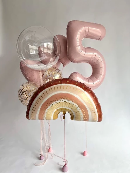 Pembe Yaş Boho Gökkuşağı Kalp Temalı Balon Seti ürün görseli 1