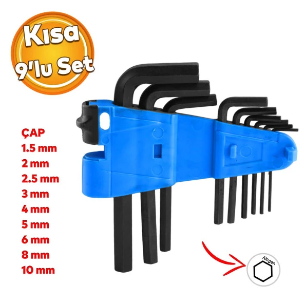 Allen Alyan Anahtar Siyah Kısa 9'lu Set Altıgen Vida Sıkma Sökme Metal 1.5 2 2.5 3 4 5 6 8 10 mm ürün görseli 1