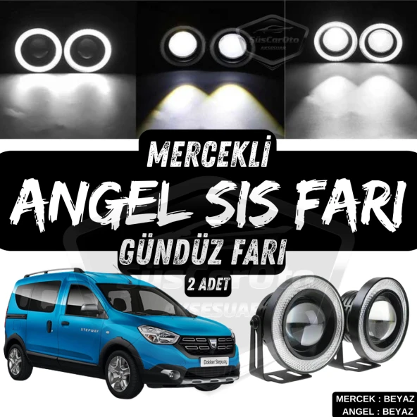 Dacia Dokker 2012-2022 Uyumlu Üniversal Mercekli Angel Sis Farı Metal Su Geçirmez 76 mm Beyaz Halkalı Gündüz Farı Angel Eyes 2 Adet ürün görseli 1