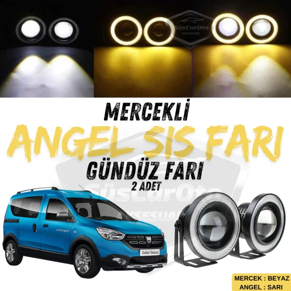 Dacia Dokker 2012-2022 Uyumlu Üniversal Mercekli Angel Sis Farı Metal Su Geçirmez 76 mm Sarı Halkalı Gündüz Farı Angel Eyes 2 Adet ürün görseli 1