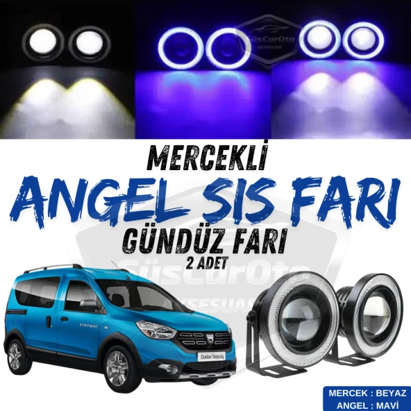 Dacia Dokker 2012-2022 Uyumlu Üniversal Mercekli Angel Sis Farı Metal Su Geçirmez 76 mm Mavi Halkalı Gündüz Farı Angel Eyes 2 Adet ürün görseli 1