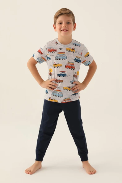 Roly Poly Premium Erkek Çocuk Araba Desenli Rahat Kesim Pamuklu Kısa Kollu Pijama Takımı ürün görseli 1
