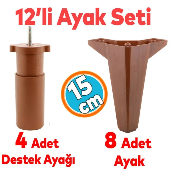 Mobilya TV Ünitesi Çekyat Koltuk Kanepe Destek Ayağı Yükseltici 15 cm Kahverengi Baza Ayak 12'li Set ürün görseli 1