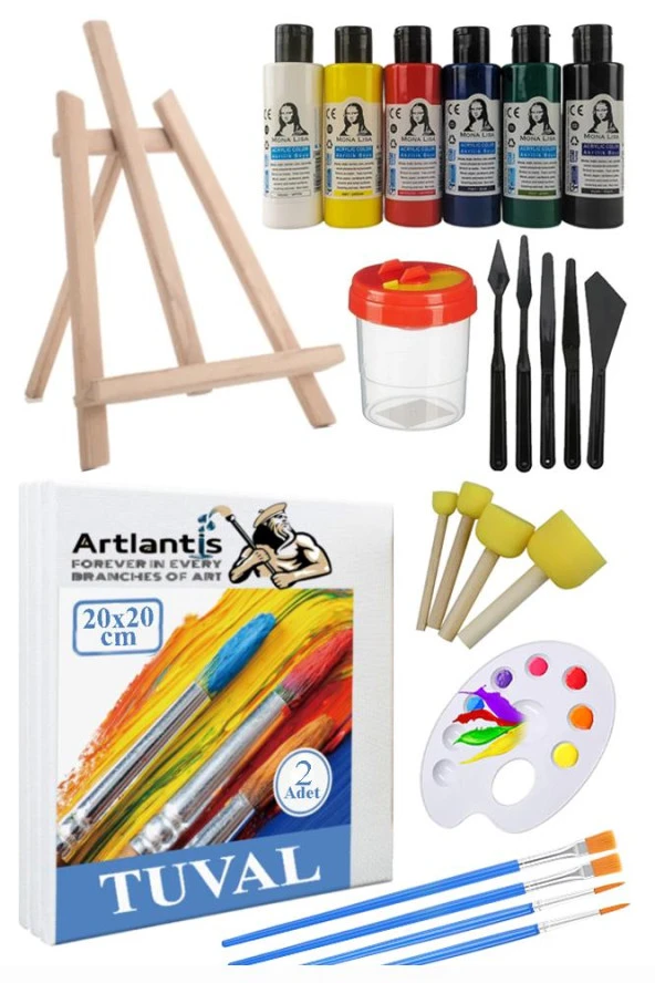 20x20 Tuval Seti 1 Paket Masa Üstü Şövale Monalisa Akrilik Boya Plastik Spatula Resim Fırçası Palet Ponpon Sünger Fırça ürün görseli 1
