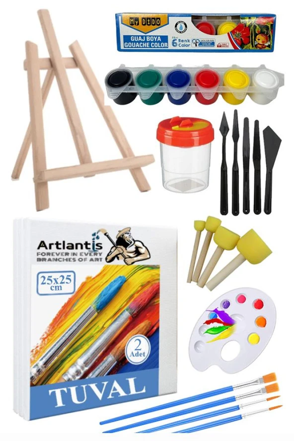 25x25 Tuval Seti 1 Paket Masa Üstü Şövale Mydido Akrilik Boya Plastik Spatula Resim Fırçası Palet Ponpon Sünger Fırça ürün görseli 1