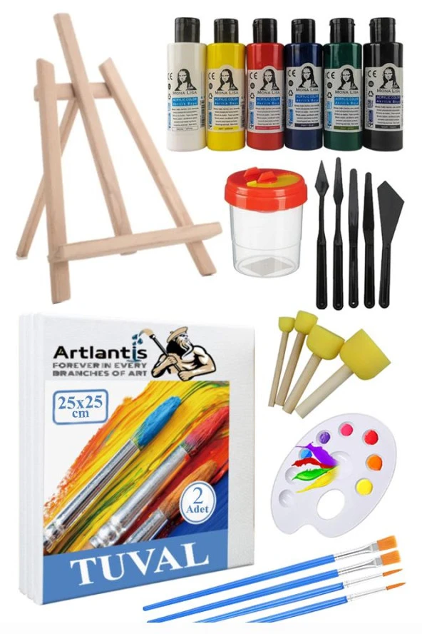 25x25 Tuval Seti 1 Paket Masa Üstü Şövale Monalisa Akrilik Boya Plastik Spatula Resim Fırçası Palet Ponpon Sünger Fırça ürün görseli 1