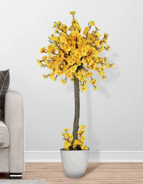 Nettenevime Yapay Ağaç Sarı Bahar Dalı Japon Kiraz Çiçeği Beyaz Saksılı 90cm ürün görseli 1