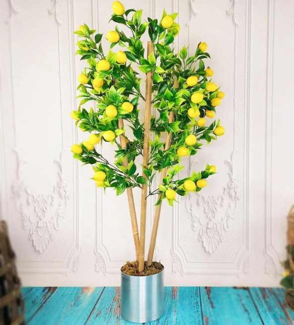 Nettenevime Yapay Ağaç Limon Ağacı Gür Yapraklı 80cm Bambu Dalında Gümüş Paslanmaz Aleminyum Saksılı ürün görseli 1